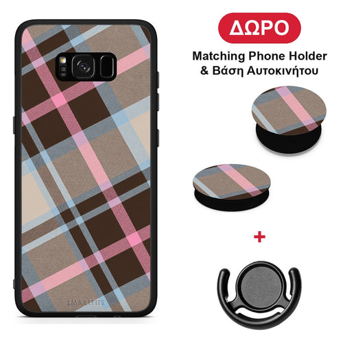 Brown Pink and Blue Diagonal Plaid - Samsung Galaxy S8+ θήκη + Δώρο Phone Holder & Βάση Αυτοκινήτου
