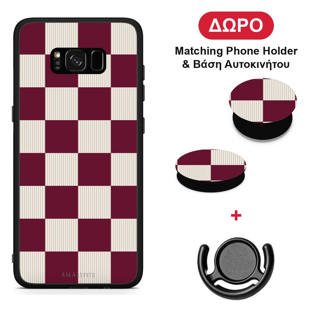 Burgundy and Cream Striped Checks - Samsung Galaxy S8+ θήκη + Δώρο Phone Holder & Βάση Αυτοκινήτου