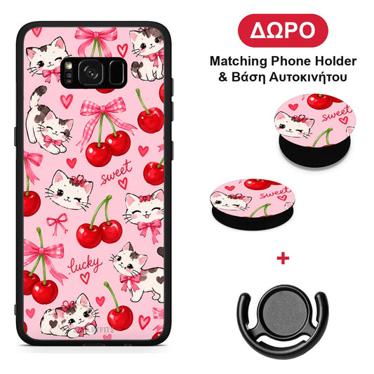 Cherries Bows and Kittens on Pink - Samsung Galaxy S8+ θήκη + Δώρο Phone Holder & Βάση Αυτοκινήτου