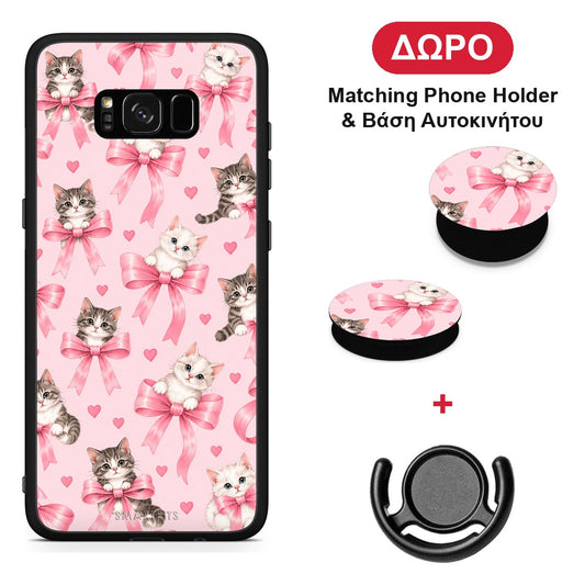 Kittens and Pink Bows on Pink - Samsung Galaxy S8+ θήκη + Δώρο Phone Holder & Βάση Αυτοκινήτου