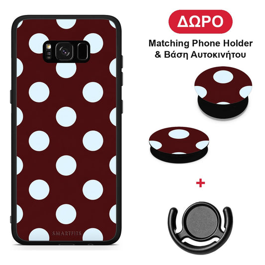 Pale Blue Large Polka Dots on Burgundy - Samsung Galaxy S8+ θήκη + Δώρο Phone Holder & Βάση Αυτοκινήτου