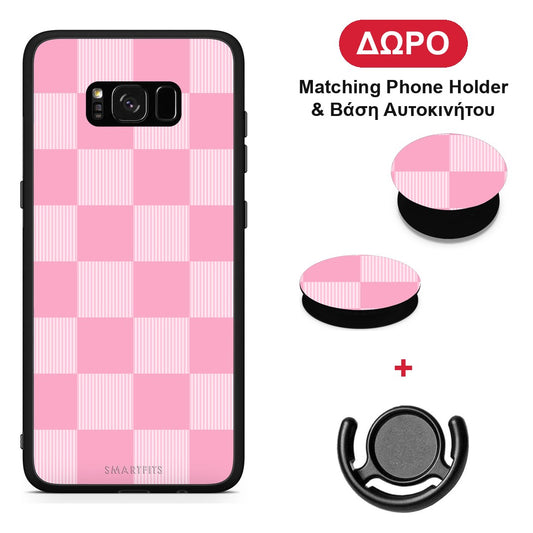 Pink and White Striped Checks - Samsung Galaxy S8+ θήκη + Δώρο Phone Holder & Βάση Αυτοκινήτου