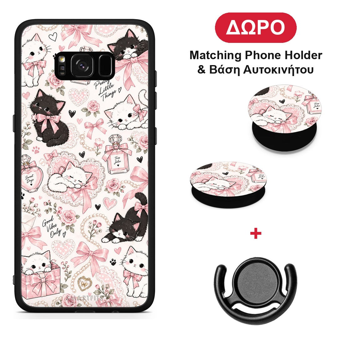 Pink Bows and Kittens Collage - Samsung Galaxy S8+ θήκη + Δώρο Phone Holder & Βάση Αυτοκινήτου