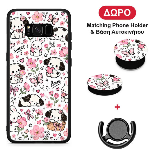 Pink Florals Puppies and Bunnies on White - Samsung Galaxy S8+ θήκη + Δώρο Phone Holder & Βάση Αυτοκινήτου