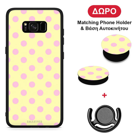Pink Polka Dots on Yellow - Samsung Galaxy S8+ θήκη + Δώρο Phone Holder & Βάση Αυτοκινήτου