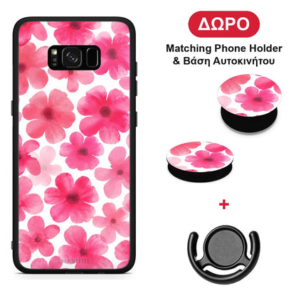 Pink Watercolour Flowers on White - Samsung Galaxy S8+ θήκη + Δώρο Phone Holder & Βάση Αυτοκινήτου