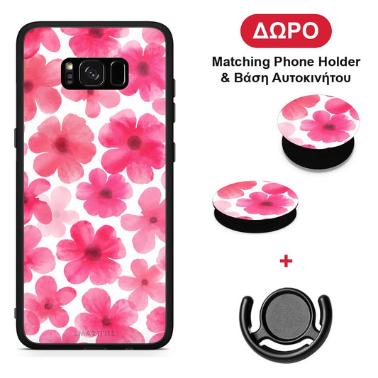 Pink Watercolour Flowers on White - Samsung Galaxy S8+ θήκη + Δώρο Phone Holder & Βάση Αυτοκινήτου