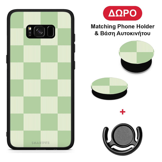Sage and Cream Striped Checks - Samsung Galaxy S8+ θήκη + Δώρο Phone Holder & Βάση Αυτοκινήτου