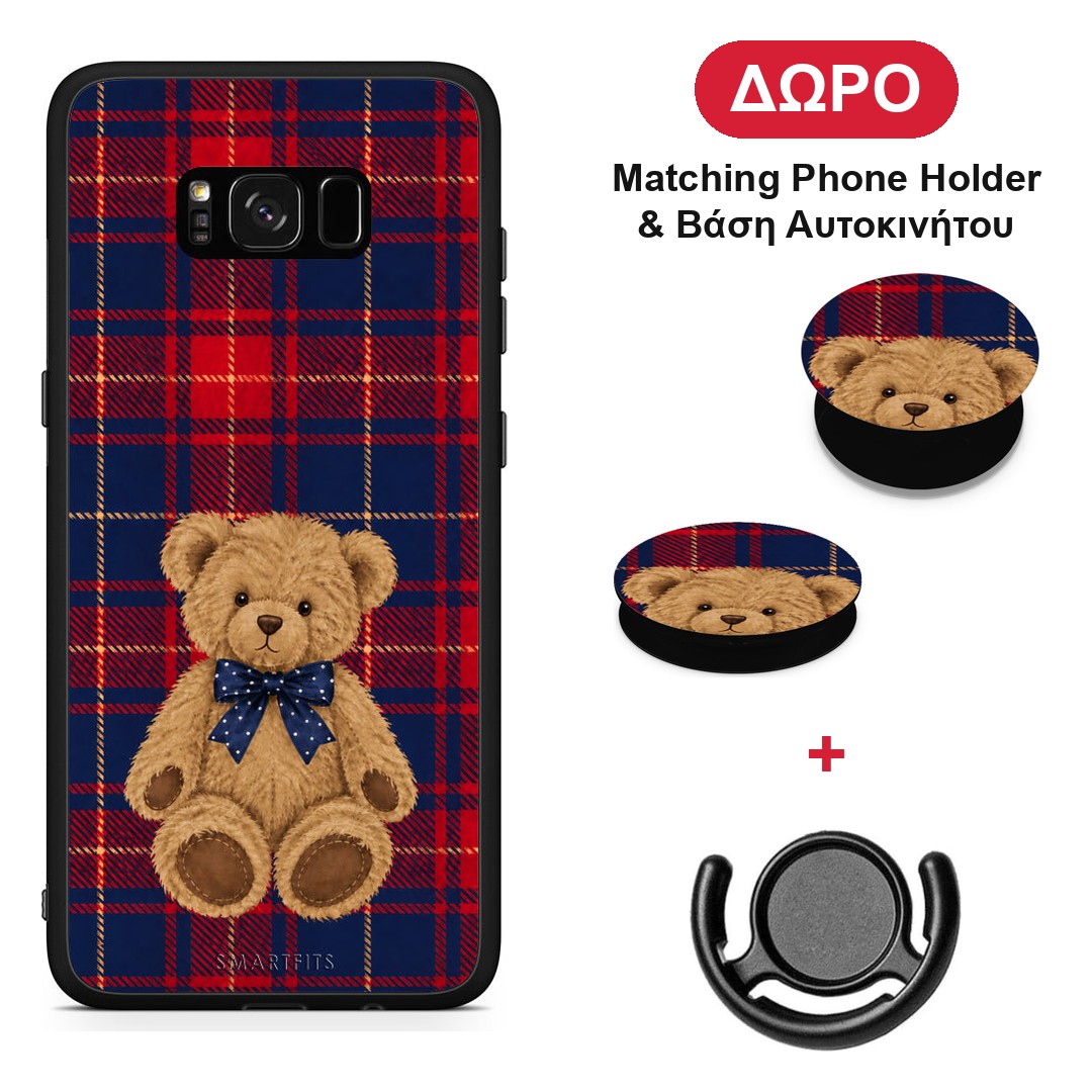 Teddy Bear on Red and Navy Tartan - Samsung Galaxy S8+ θήκη + Δώρο Phone Holder & Βάση Αυτοκινήτου