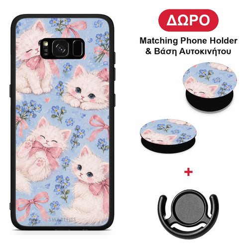 White Kittens and Blue Flowers Large - Samsung Galaxy S8+ θήκη + Δώρο Phone Holder & Βάση Αυτοκινήτου