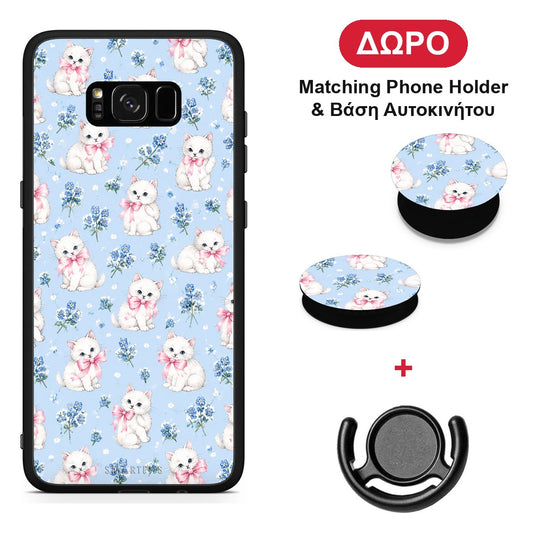 White Kittens and Blue Flowers Small - Samsung Galaxy S8+ θήκη + Δώρο Phone Holder & Βάση Αυτοκινήτου