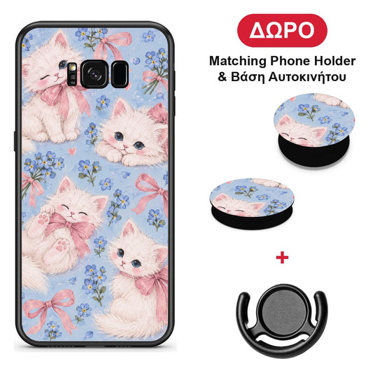 White Kittens and Blue Flowers Large - Samsung Galaxy S8 θήκη + Δώρο Phone Holder & Βάση Αυτοκινήτου