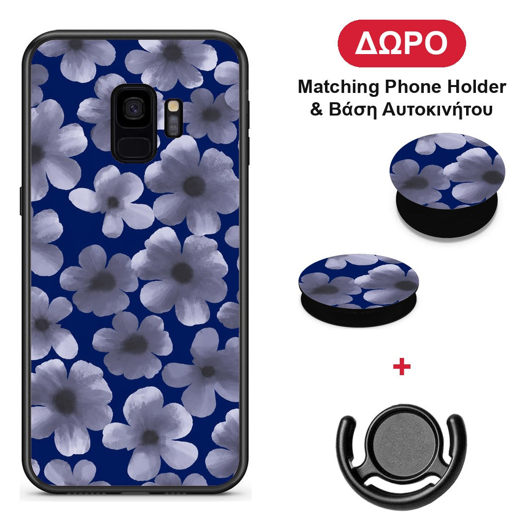 Pale Blue Flowers on Navy - Samsung Galaxy S9 θήκη + Δώρο Phone Holder & Βάση Αυτοκινήτου