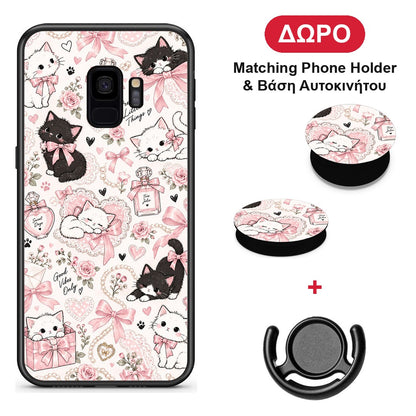Pink Bows and Kittens Collage - Samsung Galaxy S9 θήκη + Δώρο Phone Holder & Βάση Αυτοκινήτου