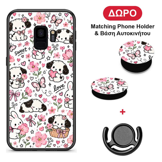 Pink Florals Puppies and Bunnies on White - Samsung Galaxy S9 θήκη + Δώρο Phone Holder & Βάση Αυτοκινήτου