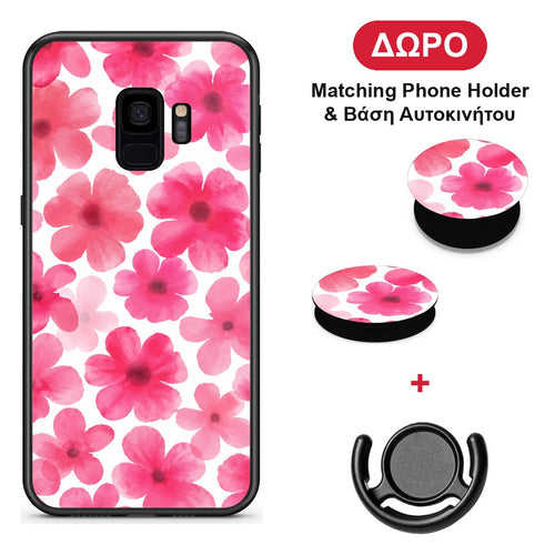 Pink Watercolour Flowers on White - Samsung Galaxy S9 θήκη + Δώρο Phone Holder & Βάση Αυτοκινήτου