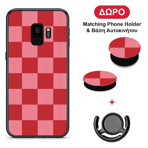 Red and Pink Striped Checks - Samsung Galaxy S9 θήκη + Δώρο Phone Holder & Βάση Αυτοκινήτου