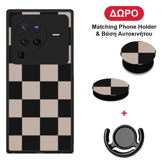 Black and Taupe Striped Checks - Vivo X80 Pro 5G θήκη + Δώρο Phone Holder & Βάση Αυτοκινήτου