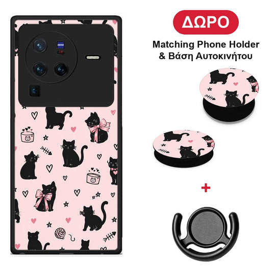 Black Cat Doodles on Pink - Vivo X80 Pro 5G θήκη + Δώρο Phone Holder & Βάση Αυτοκινήτου