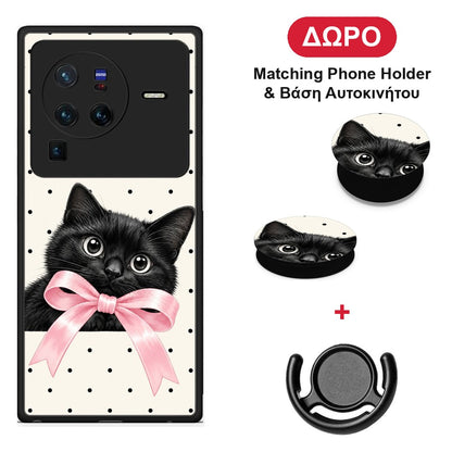 Black Kitten Pink Bow and Polka Dots - Vivo X80 Pro 5G θήκη + Δώρο Phone Holder & Βάση Αυτοκινήτου