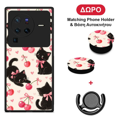 Black Kittens and Cherries on Cream - Vivo X80 Pro 5G θήκη + Δώρο Phone Holder & Βάση Αυτοκινήτου