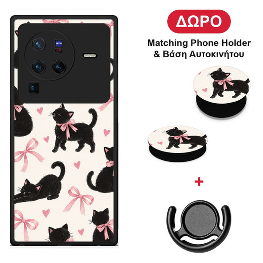 Black Kittens and Pink Bows on Cream Large - Vivo X80 Pro 5G θήκη + Δώρο Phone Holder & Βάση Αυτοκινήτου