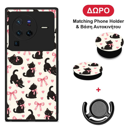 Black Kittens and Pink Bows on Cream Small - Vivo X80 Pro 5G θήκη + Δώρο Phone Holder & Βάση Αυτοκινήτου