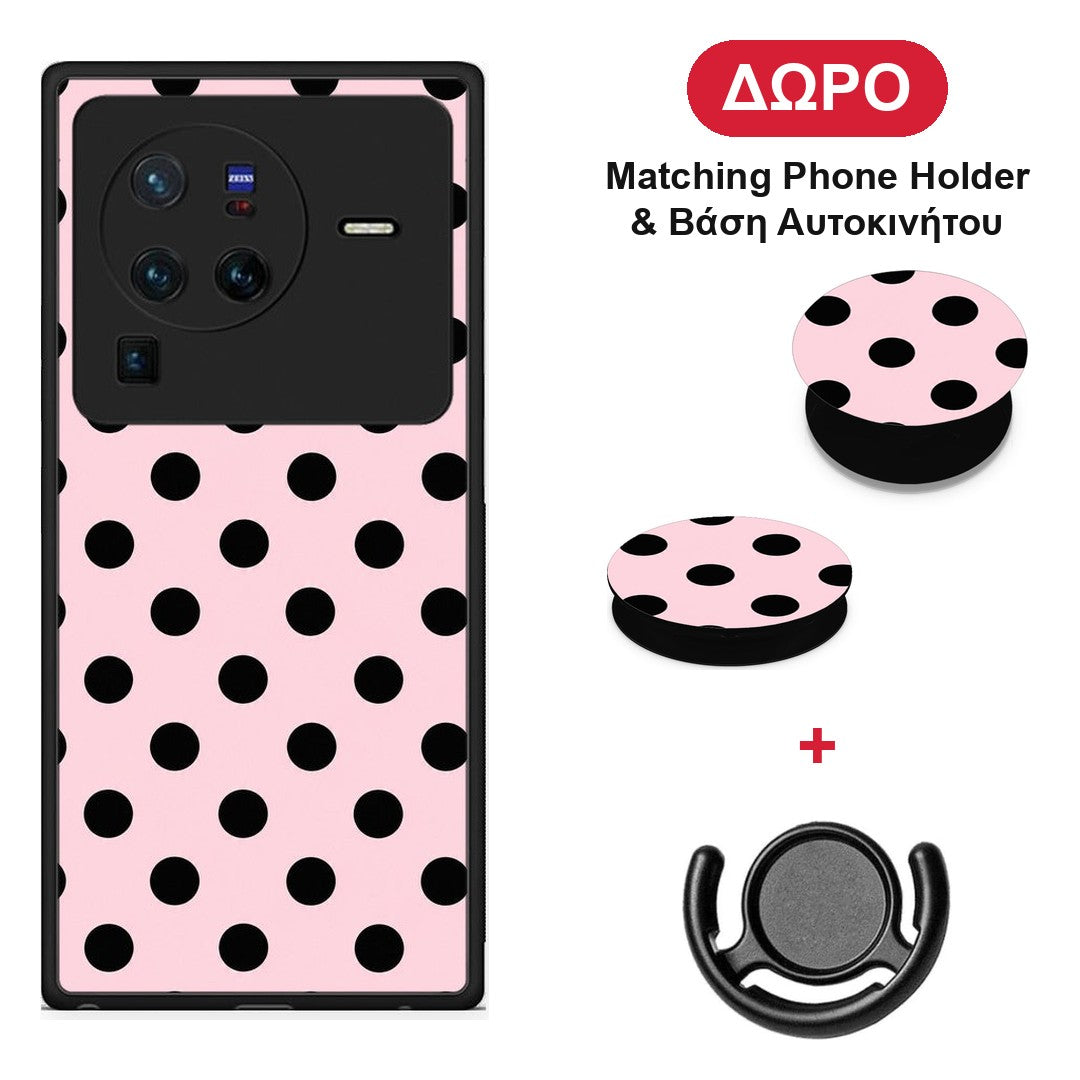 Black Polka Dots on Pink - Vivo X80 Pro 5G θήκη + Δώρο Phone Holder & Βάση Αυτοκινήτου