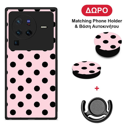 Black Polka Dots on Pink - Vivo X80 Pro 5G θήκη + Δώρο Phone Holder & Βάση Αυτοκινήτου