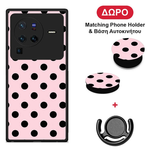 Black Polka Dots on Pink - Vivo X80 Pro 5G θήκη + Δώρο Phone Holder & Βάση Αυτοκινήτου