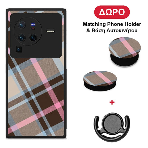 Brown Pink and Blue Diagonal Plaid - Vivo X80 Pro 5G θήκη + Δώρο Phone Holder & Βάση Αυτοκινήτου