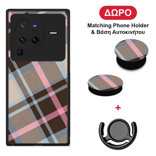 Brown Pink and Blue Diagonal Plaid - Vivo X80 Pro 5G θήκη + Δώρο Phone Holder & Βάση Αυτοκινήτου