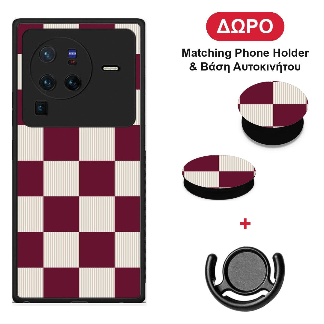 Burgundy and Cream Striped Checks - Vivo X80 Pro 5G θήκη + Δώρο Phone Holder & Βάση Αυτοκινήτου
