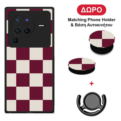 Burgundy and Cream Striped Checks - Vivo X80 Pro 5G θήκη + Δώρο Phone Holder & Βάση Αυτοκινήτου