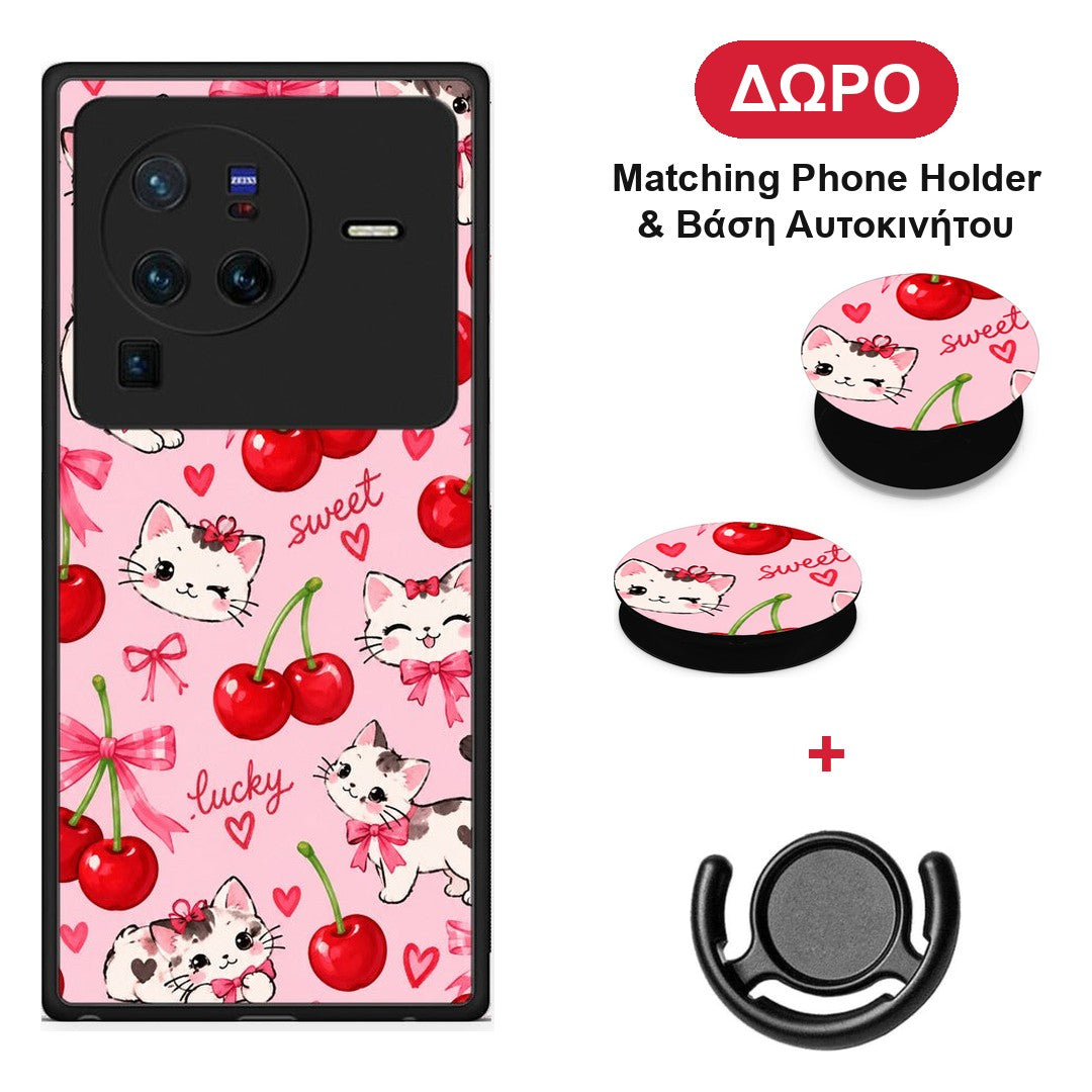 Cherries Bows and Kittens on Pink - Vivo X80 Pro 5G θήκη + Δώρο Phone Holder & Βάση Αυτοκινήτου