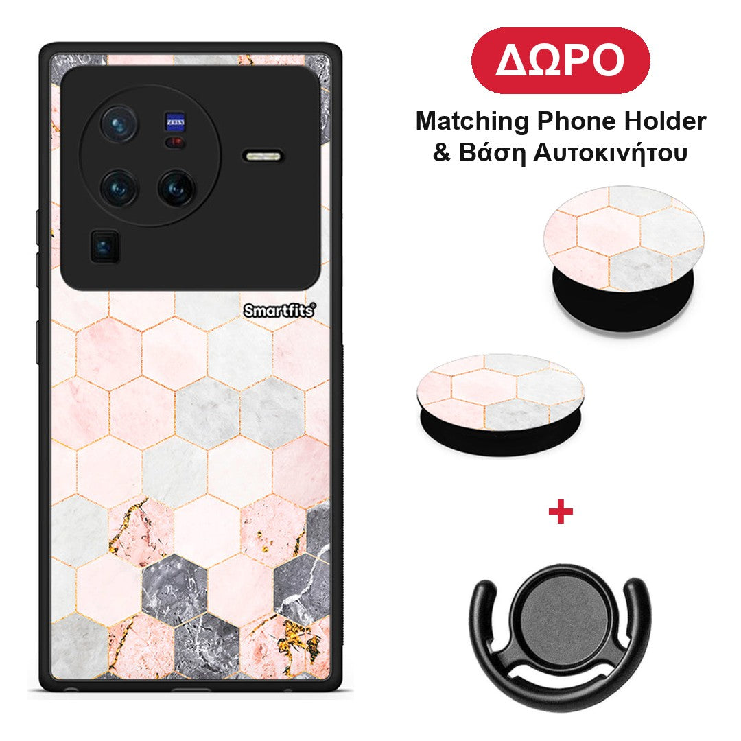 Marble Hexagon Pink - Vivo X80 Pro 5G θήκη + Δώρο Phone Holder & Βάση Αυτοκινήτου