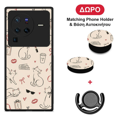 Minimal Cat and Fashion Doodles on Cream - Vivo X80 Pro 5G θήκη + Δώρο Phone Holder & Βάση Αυτοκινήτου