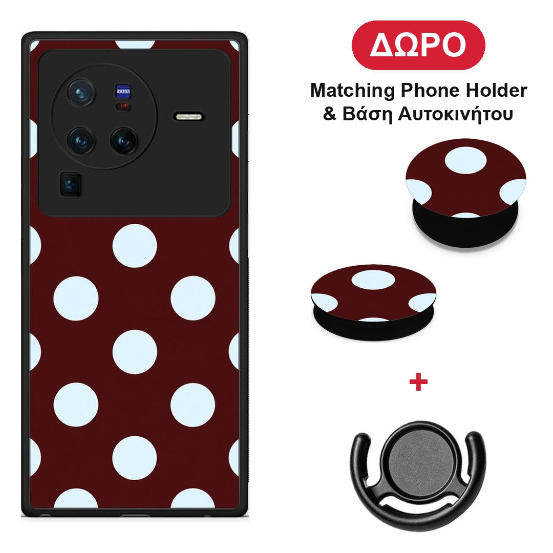 Pale Blue Large Polka Dots on Burgundy - Vivo X80 Pro 5G θήκη + Δώρο Phone Holder & Βάση Αυτοκινήτου