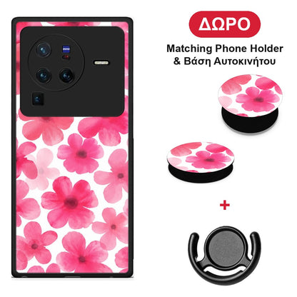 Pink Watercolour Flowers on White - Vivo X80 Pro 5G θήκη + Δώρο Phone Holder & Βάση Αυτοκινήτου