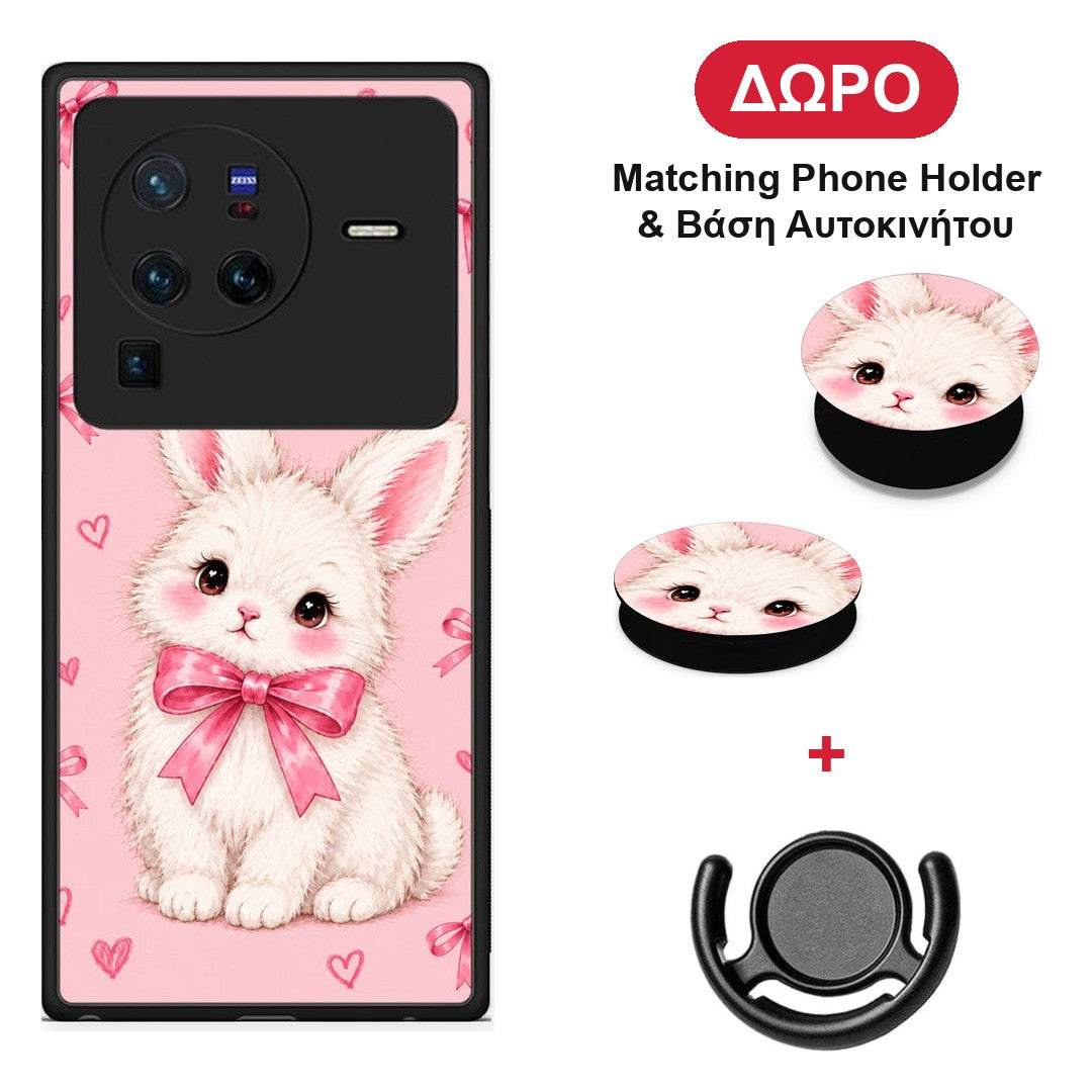 White Bunny and Pink Bows - Vivo X80 Pro 5G θήκη + Δώρο Phone Holder & Βάση Αυτοκινήτου