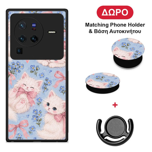 White Kittens and Blue Flowers Large - Vivo X80 Pro 5G θήκη + Δώρο Phone Holder & Βάση Αυτοκινήτου