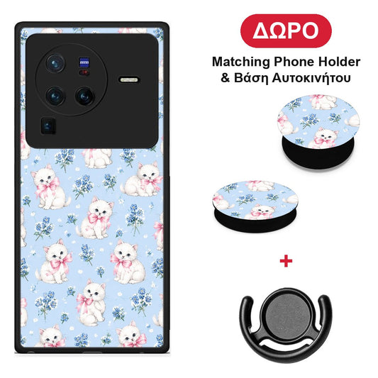 White Kittens and Blue Flowers Small - Vivo X80 Pro 5G θήκη + Δώρο Phone Holder & Βάση Αυτοκινήτου