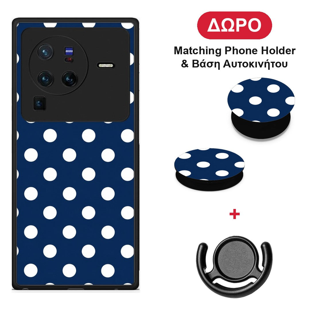 White Large Polka Dots on Navy - Vivo X80 Pro 5G θήκη + Δώρο Phone Holder & Βάση Αυτοκινήτου