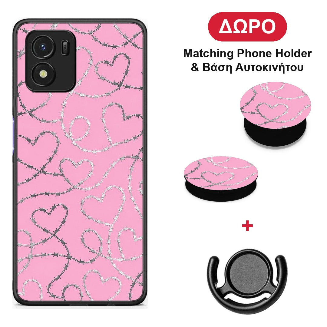 Barbed Wire Hearts on Pink - Vivo Y01 / Y15s θήκη + Δώρο Phone Holder & Βάση Αυτοκινήτου