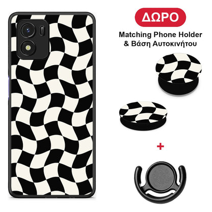 Black and Cream Wavy Checkerboard - Vivo Y01 / Y15s θήκη + Δώρο Phone Holder & Βάση Αυτοκινήτου