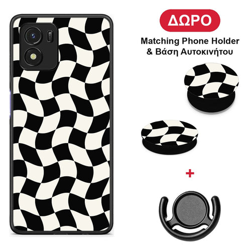 Black and Cream Wavy Checkerboard - Vivo Y01 / Y15s θήκη + Δώρο Phone Holder & Βάση Αυτοκινήτου