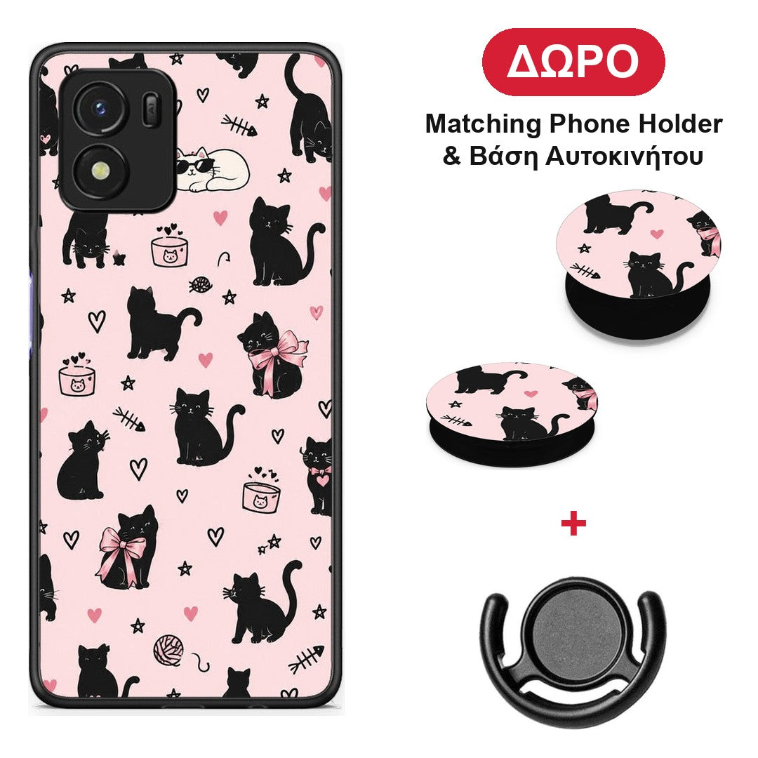 Black Cat Doodles on Pink - Vivo Y01 / Y15s θήκη + Δώρο Phone Holder & Βάση Αυτοκινήτου