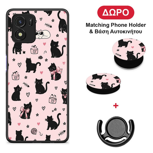 Black Cat Doodles on Pink - Vivo Y01 / Y15s θήκη + Δώρο Phone Holder & Βάση Αυτοκινήτου