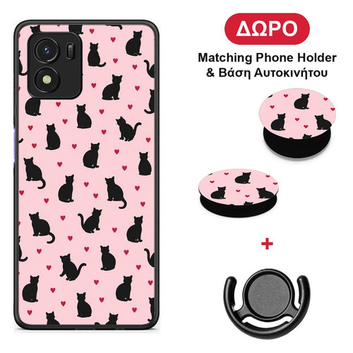 Black Cat Silhouettes and Hearts on Pink - Vivo Y01 / Y15s θήκη + Δώρο Phone Holder & Βάση Αυτοκινήτου