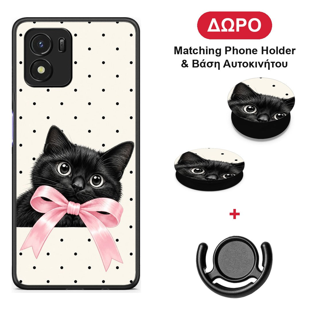 Black Kitten Pink Bow and Polka Dots - Vivo Y01 / Y15s θήκη + Δώρο Phone Holder & Βάση Αυτοκινήτου